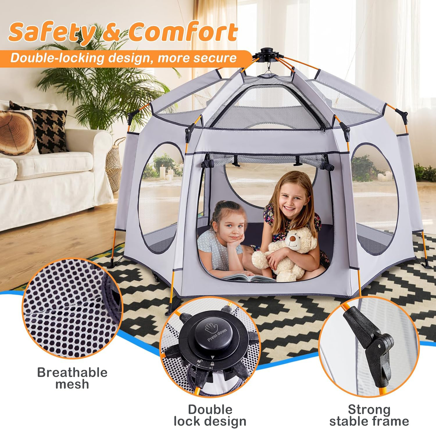 Acplaypen Foldable Playpen, Collapsible Baby Playpen for Adults and Children with UV50+ Canopy, Easy Assembly Outdoor Baby Play Tents with 300D Oxford Fabric mesh, Safety Lock, Travel Bag（Grey）