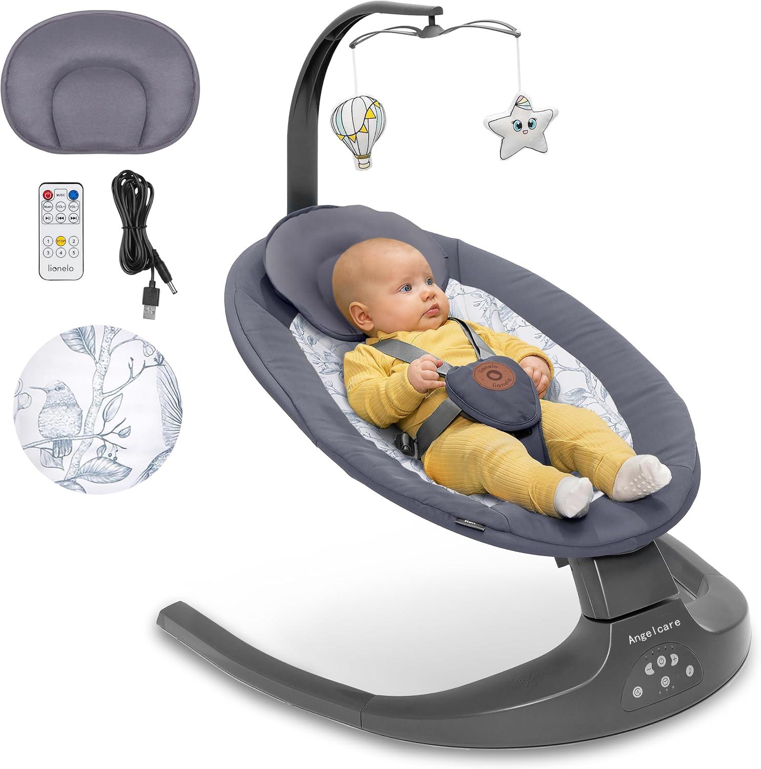 Acplaypen Ralf 2in1 Baby Bouncer & Rocker for newborn with Adjustable 5-Speed Swing, Motion detection Music playback 12 Melodies, Time Settings, Reclining seat, USB & Battery Safety harness Electronic sensing, Wireless Bluetooth (GREY WHITE)