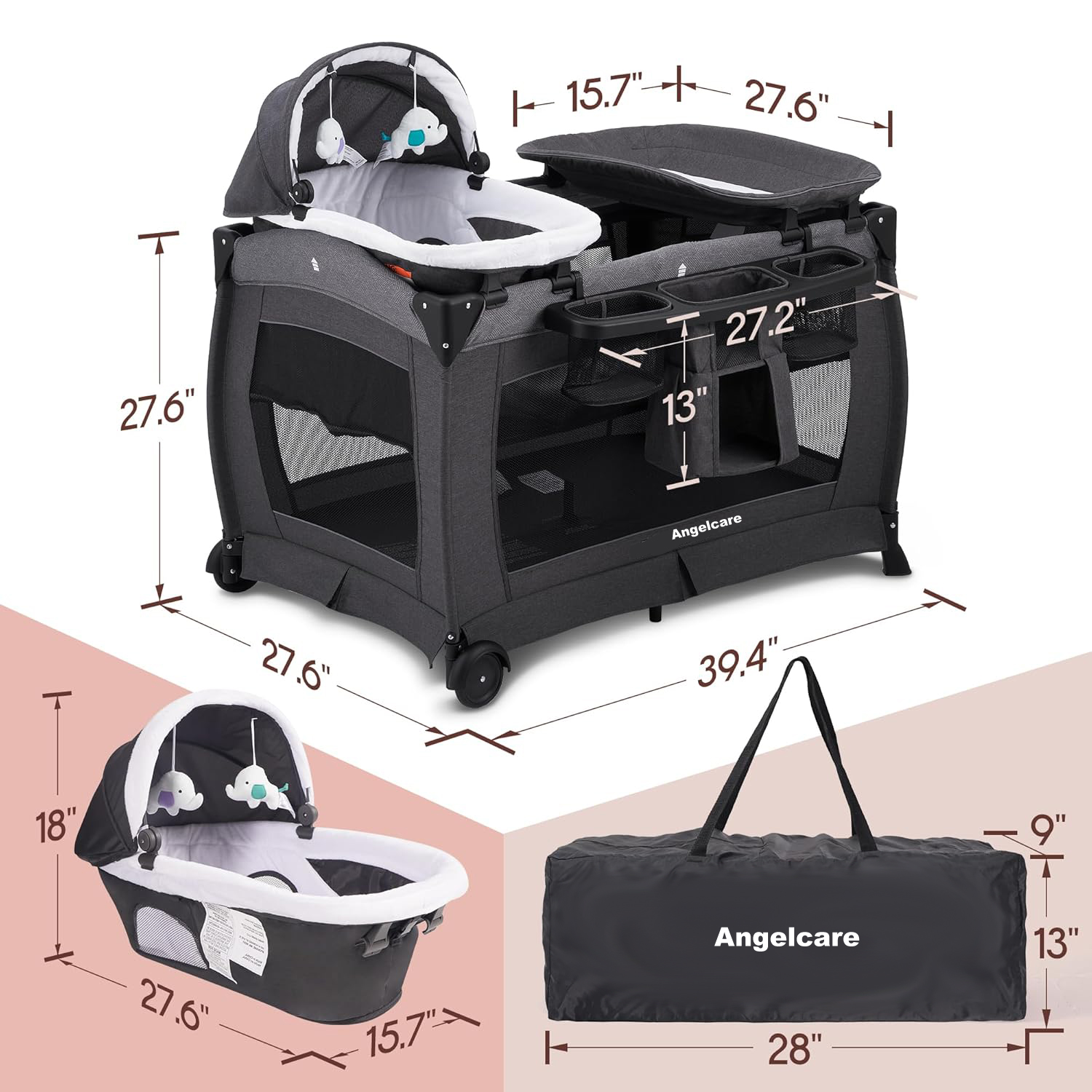 Acplaypen Deluxe Nursery Center, Foldable Playard for Baby & Toddler, Bassinet, Mattress, Changing Table for Newborn(Black)